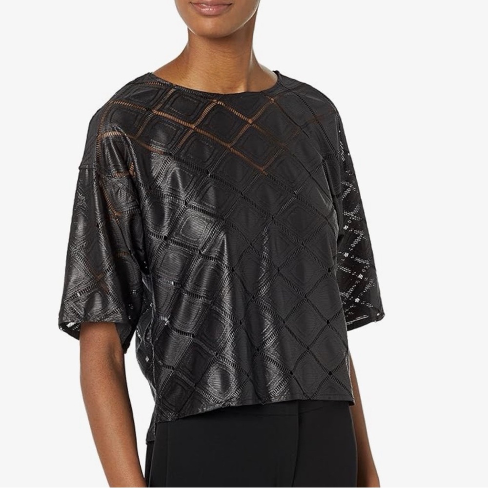 Anne Klein Black Diamond Eyelet Lace Boxy Crop‎ Top Blouse XL Geometric Sheen